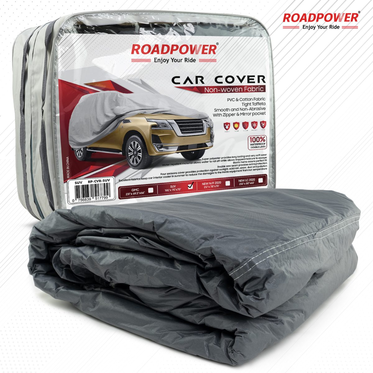 ROADPOWER Premium Waterproof Car Cover with Zipper & Mirror Pocket All-Weather Protection for Your Vehicle - Image 1