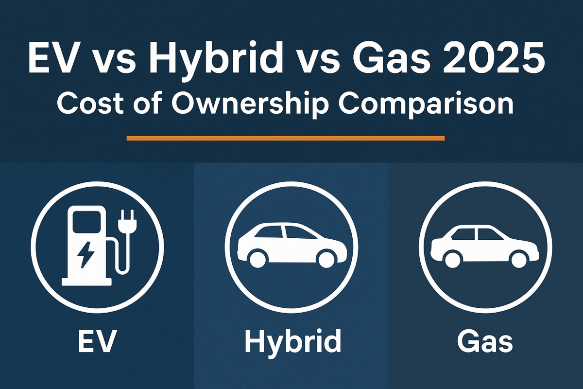 Illustration comparing real cost of ownership between electric, hybrid, and gas vehicles over time